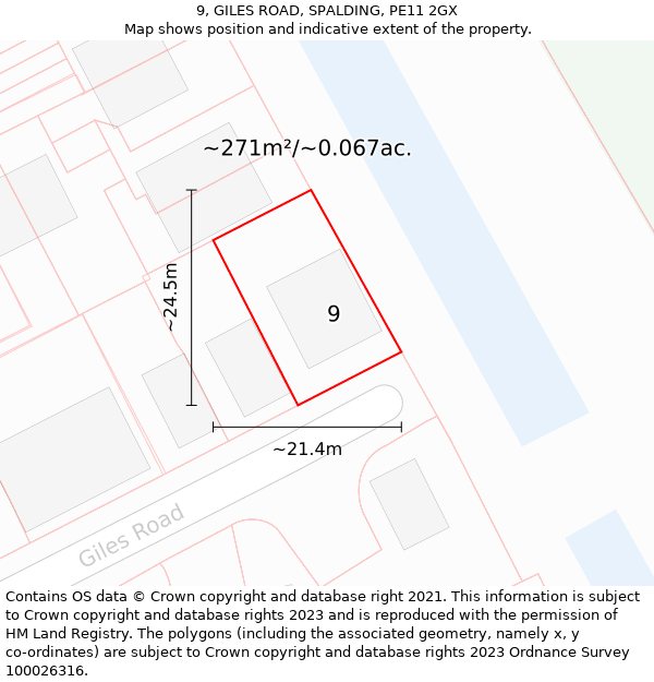 9, GILES ROAD, SPALDING, PE11 2GX: Plot and title map
