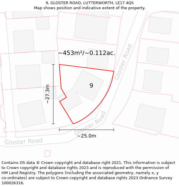 9, GLOSTER ROAD, LUTTERWORTH, LE17 4QS: Plot and title map
