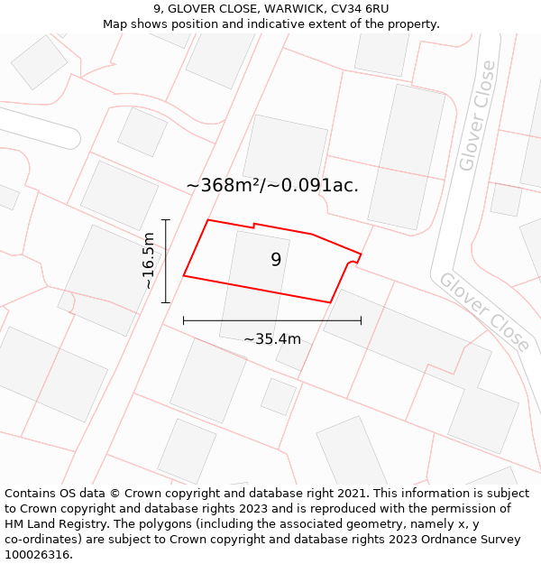 9, GLOVER CLOSE, WARWICK, CV34 6RU: Plot and title map