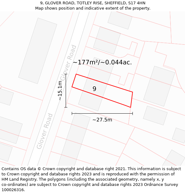 9, GLOVER ROAD, TOTLEY RISE, SHEFFIELD, S17 4HN: Plot and title map