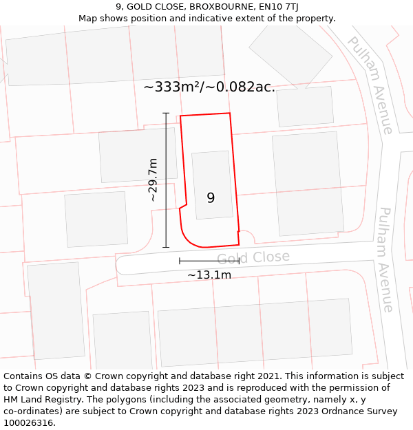 9, GOLD CLOSE, BROXBOURNE, EN10 7TJ: Plot and title map