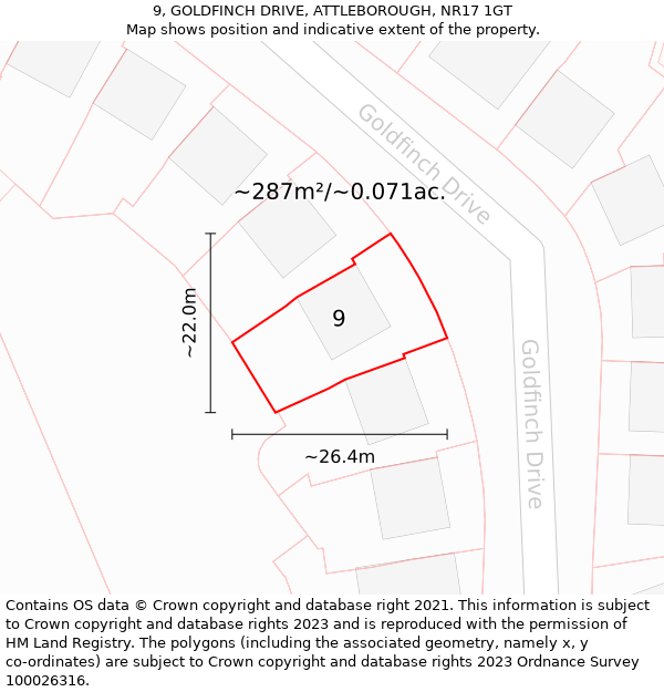 9, GOLDFINCH DRIVE, ATTLEBOROUGH, NR17 1GT: Plot and title map