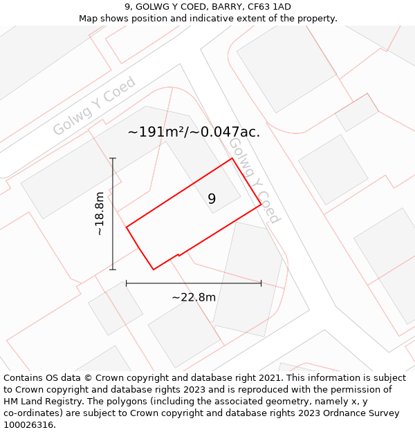 9, GOLWG Y COED, BARRY, CF63 1AD: Plot and title map