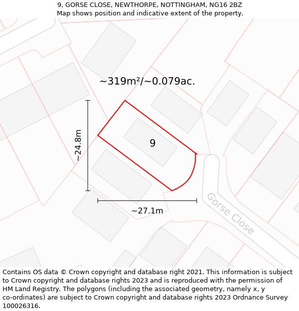 9, GORSE CLOSE, NEWTHORPE, NOTTINGHAM, NG16 2BZ: Plot and title map