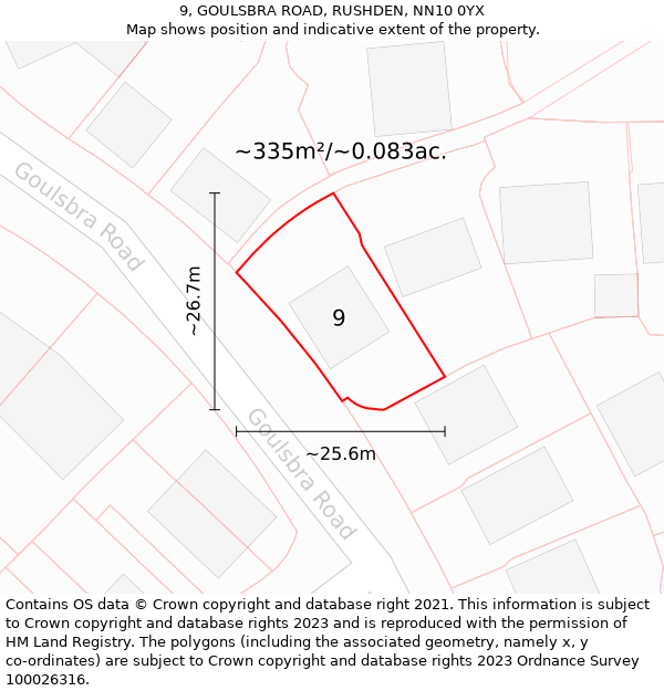 9, GOULSBRA ROAD, RUSHDEN, NN10 0YX: Plot and title map