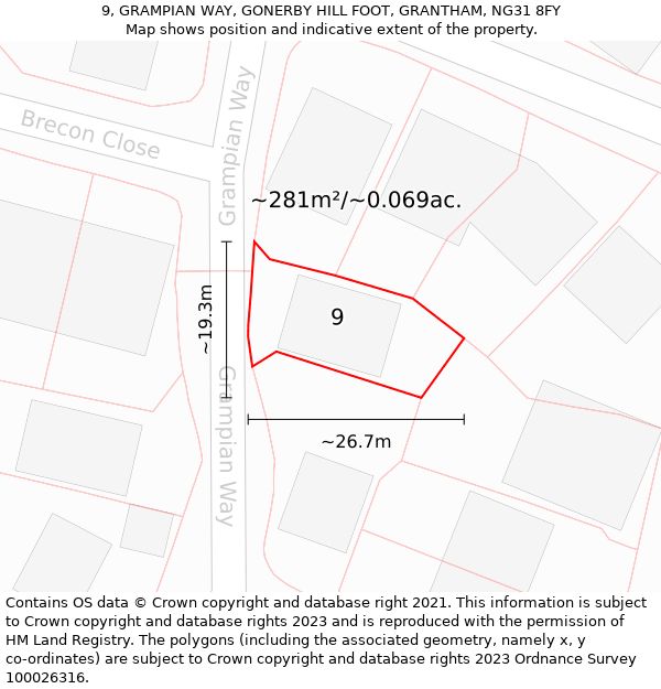 9, GRAMPIAN WAY, GONERBY HILL FOOT, GRANTHAM, NG31 8FY: Plot and title map