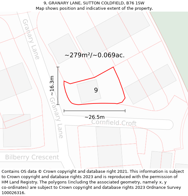 9, GRANARY LANE, SUTTON COLDFIELD, B76 1SW: Plot and title map