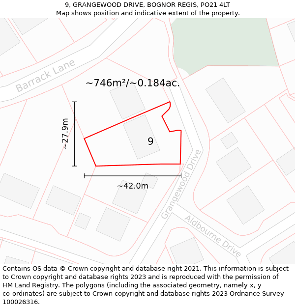 9, GRANGEWOOD DRIVE, BOGNOR REGIS, PO21 4LT: Plot and title map