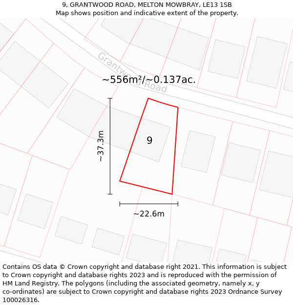 9, GRANTWOOD ROAD, MELTON MOWBRAY, LE13 1SB: Plot and title map