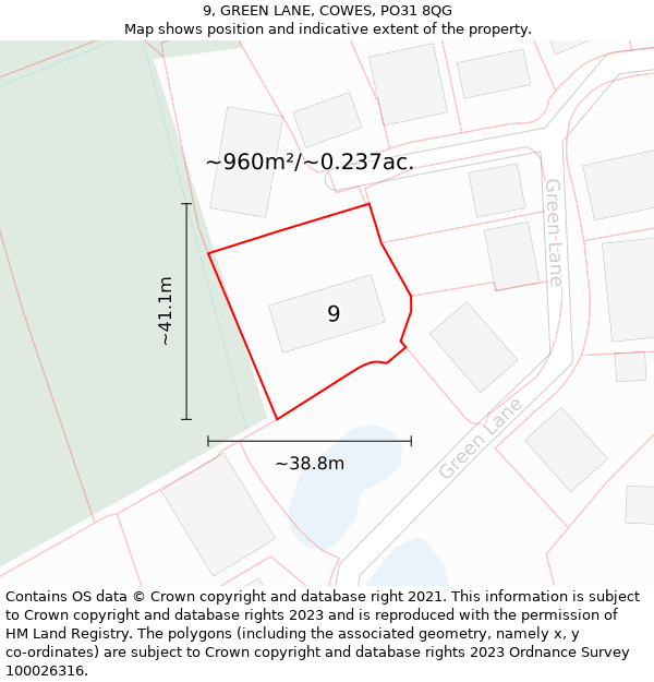 9, GREEN LANE, COWES, PO31 8QG: Plot and title map