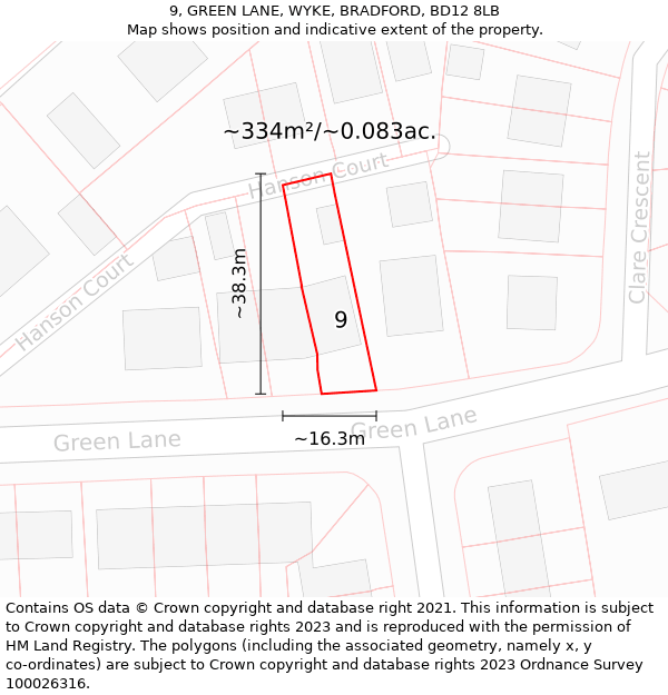 9, GREEN LANE, WYKE, BRADFORD, BD12 8LB: Plot and title map