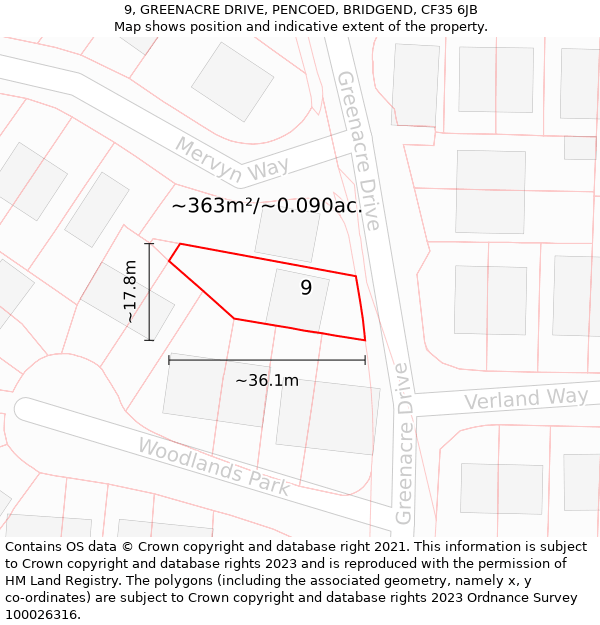 9, GREENACRE DRIVE, PENCOED, BRIDGEND, CF35 6JB: Plot and title map