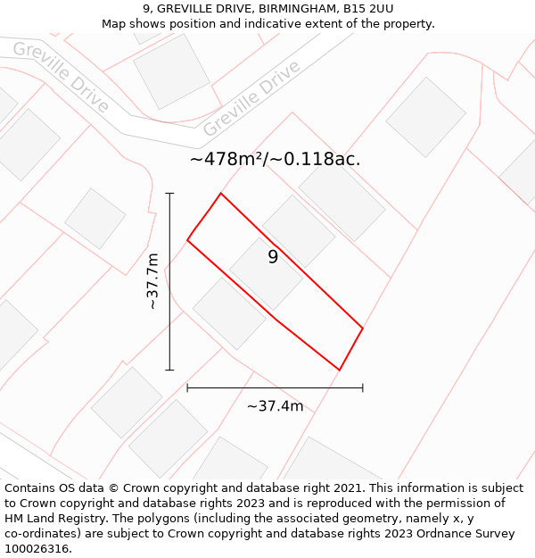 9, GREVILLE DRIVE, BIRMINGHAM, B15 2UU: Plot and title map