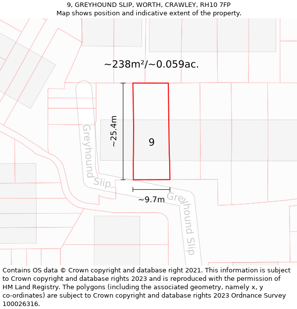 9, GREYHOUND SLIP, WORTH, CRAWLEY, RH10 7FP: Plot and title map