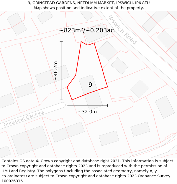 9, GRINSTEAD GARDENS, NEEDHAM MARKET, IPSWICH, IP6 8EU: Plot and title map