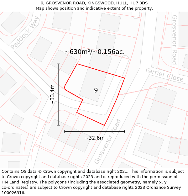 9, GROSVENOR ROAD, KINGSWOOD, HULL, HU7 3DS: Plot and title map