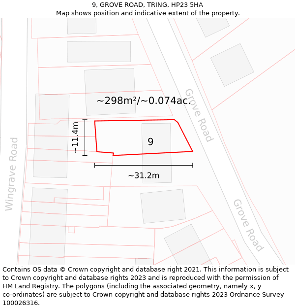 9, GROVE ROAD, TRING, HP23 5HA: Plot and title map