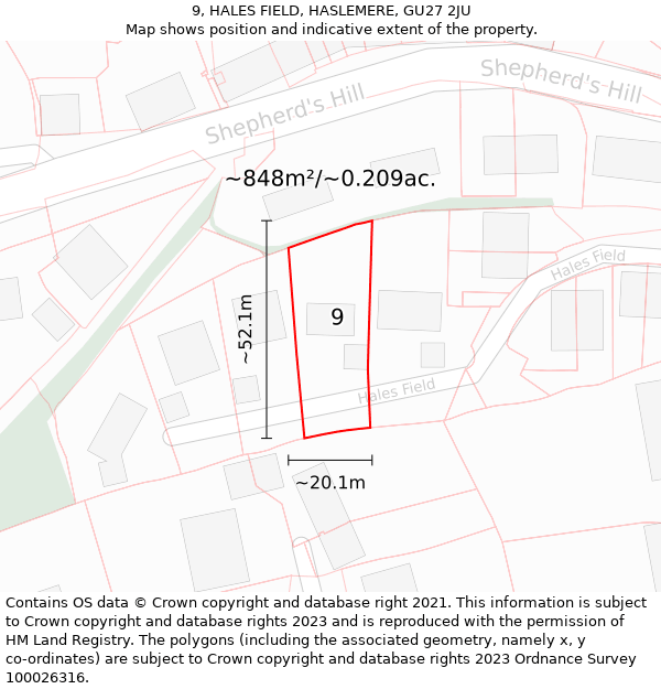 9, HALES FIELD, HASLEMERE, GU27 2JU: Plot and title map