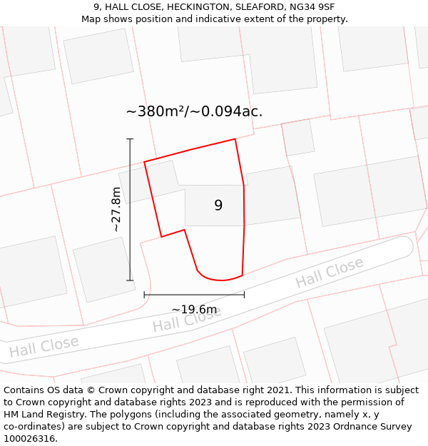 9, HALL CLOSE, HECKINGTON, SLEAFORD, NG34 9SF: Plot and title map