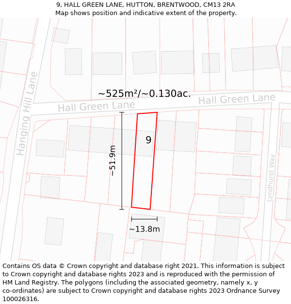 9, HALL GREEN LANE, HUTTON, BRENTWOOD, CM13 2RA: Plot and title map