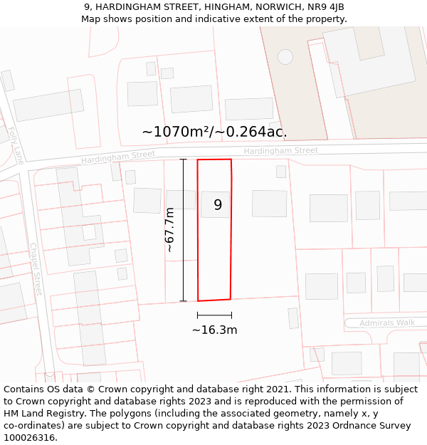 9, HARDINGHAM STREET, HINGHAM, NORWICH, NR9 4JB: Plot and title map