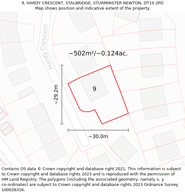 9, HARDY CRESCENT, STALBRIDGE, STURMINSTER NEWTON, DT10 2PD: Plot and title map