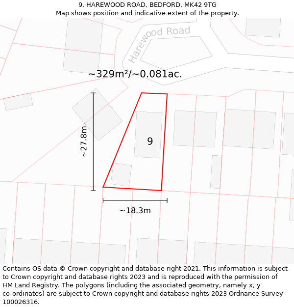 9, HAREWOOD ROAD, BEDFORD, MK42 9TG: Plot and title map