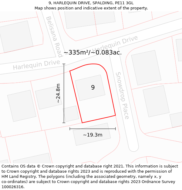 9, HARLEQUIN DRIVE, SPALDING, PE11 3GL: Plot and title map