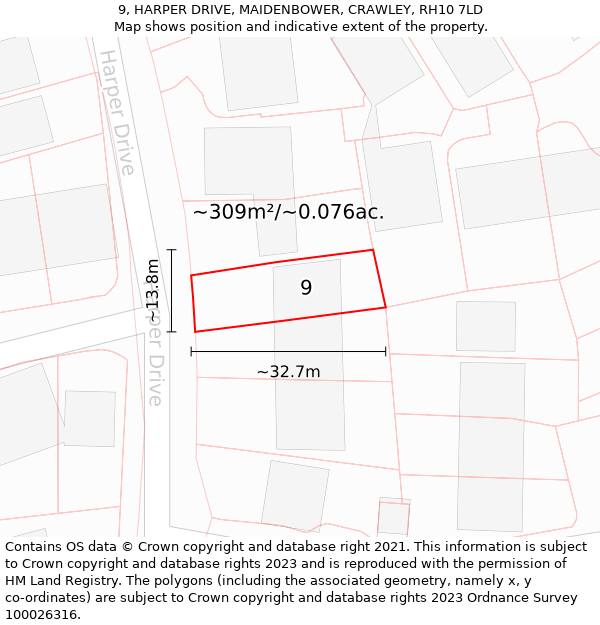 9, HARPER DRIVE, MAIDENBOWER, CRAWLEY, RH10 7LD: Plot and title map