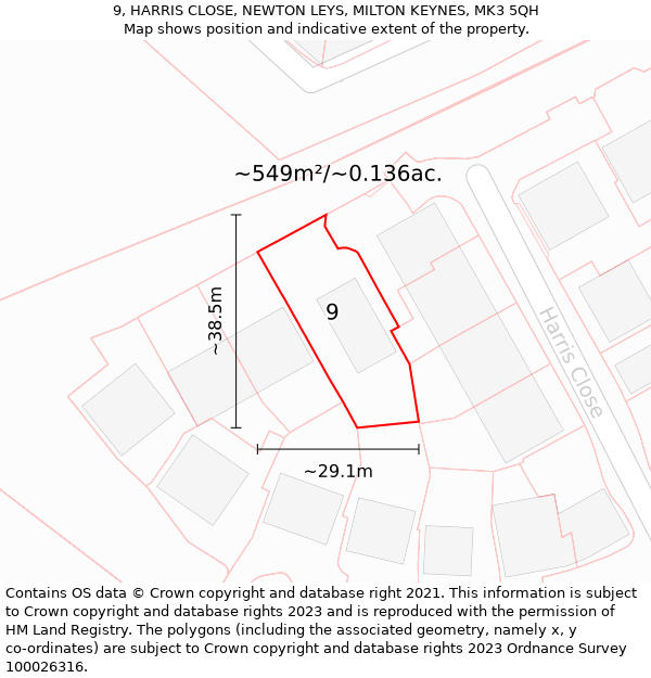 9, HARRIS CLOSE, NEWTON LEYS, MILTON KEYNES, MK3 5QH: Plot and title map