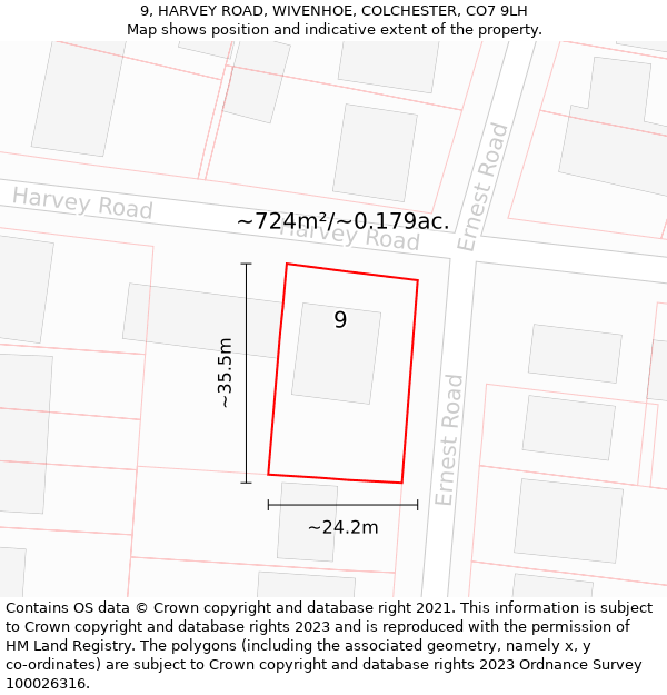 9, HARVEY ROAD, WIVENHOE, COLCHESTER, CO7 9LH: Plot and title map