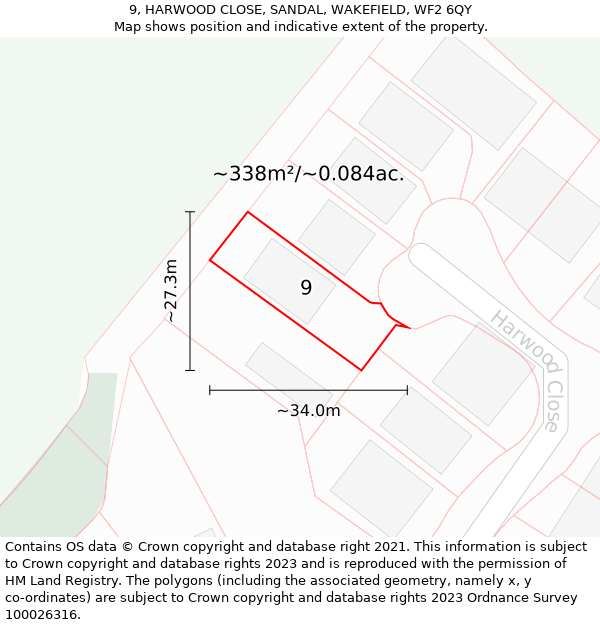 9, HARWOOD CLOSE, SANDAL, WAKEFIELD, WF2 6QY: Plot and title map