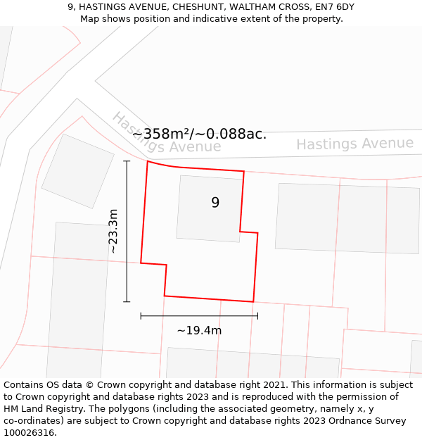 9, HASTINGS AVENUE, CHESHUNT, WALTHAM CROSS, EN7 6DY: Plot and title map