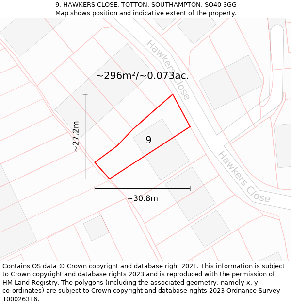 9, HAWKERS CLOSE, TOTTON, SOUTHAMPTON, SO40 3GG: Plot and title map