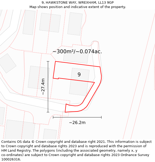 9, HAWKSTONE WAY, WREXHAM, LL13 9GP: Plot and title map