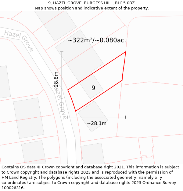 9, HAZEL GROVE, BURGESS HILL, RH15 0BZ: Plot and title map