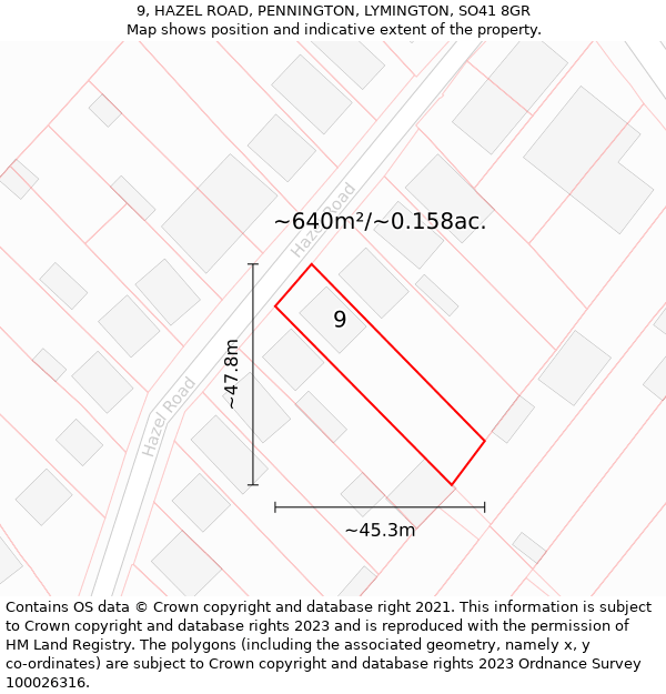 9, HAZEL ROAD, PENNINGTON, LYMINGTON, SO41 8GR: Plot and title map