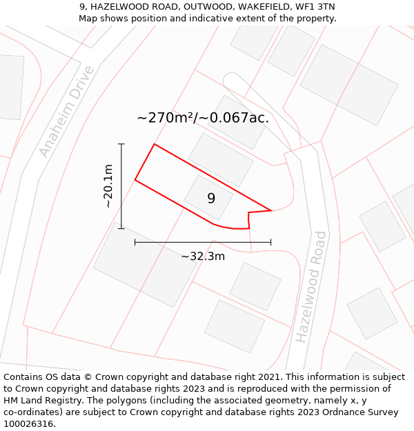 9, HAZELWOOD ROAD, OUTWOOD, WAKEFIELD, WF1 3TN: Plot and title map