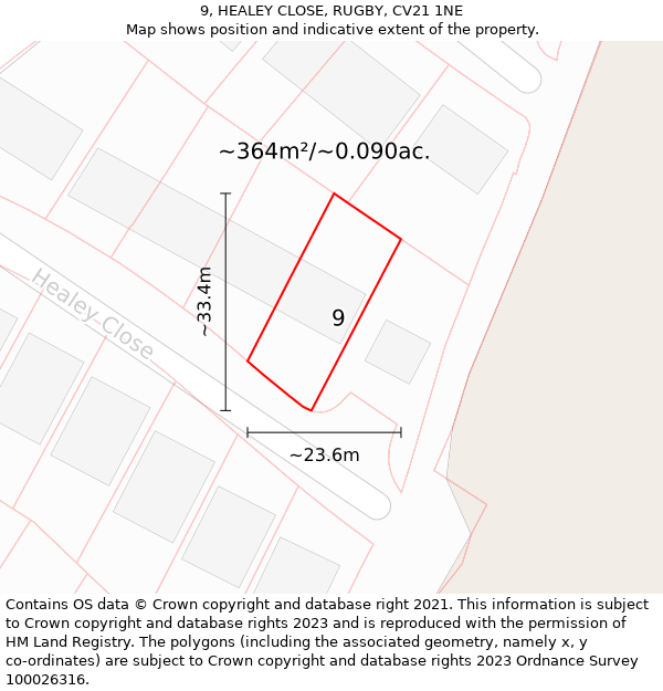 9, HEALEY CLOSE, RUGBY, CV21 1NE: Plot and title map