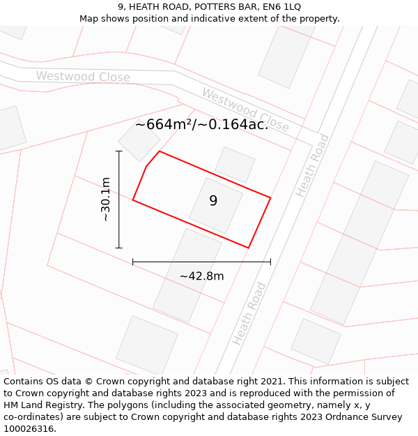 9, HEATH ROAD, POTTERS BAR, EN6 1LQ: Plot and title map