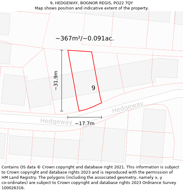 9, HEDGEWAY, BOGNOR REGIS, PO22 7QY: Plot and title map