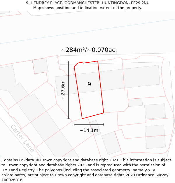 9, HENDREY PLACE, GODMANCHESTER, HUNTINGDON, PE29 2NU: Plot and title map