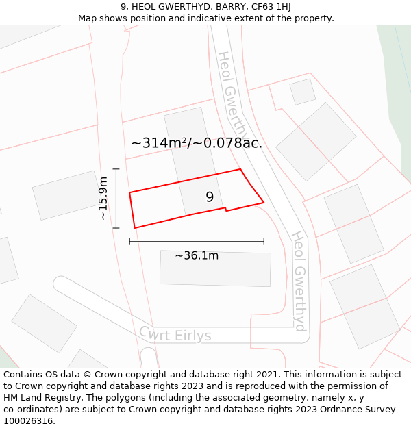 9, HEOL GWERTHYD, BARRY, CF63 1HJ: Plot and title map