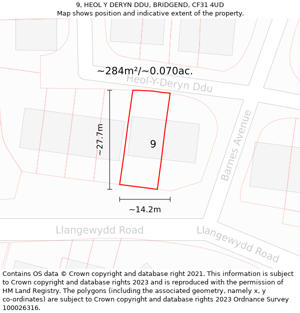 9, HEOL Y DERYN DDU, BRIDGEND, CF31 4UD: Plot and title map