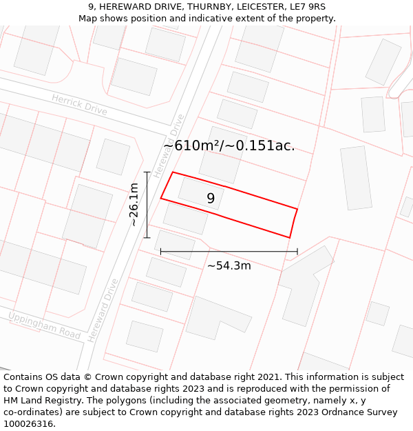 9, HEREWARD DRIVE, THURNBY, LEICESTER, LE7 9RS: Plot and title map