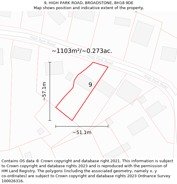 9, HIGH PARK ROAD, BROADSTONE, BH18 9DE: Plot and title map
