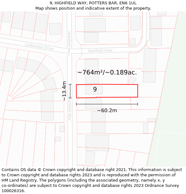 9, HIGHFIELD WAY, POTTERS BAR, EN6 1UL: Plot and title map