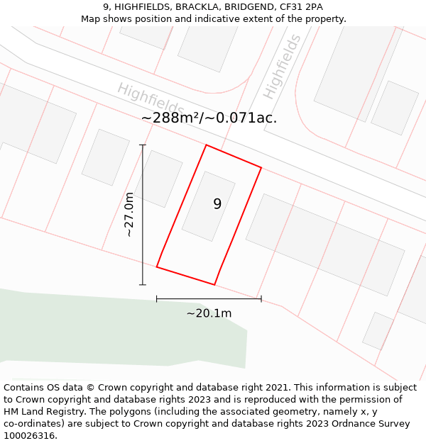 9, HIGHFIELDS, BRACKLA, BRIDGEND, CF31 2PA: Plot and title map