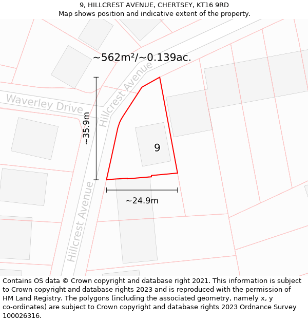 9, HILLCREST AVENUE, CHERTSEY, KT16 9RD: Plot and title map