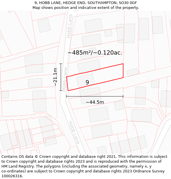 9, HOBB LANE, HEDGE END, SOUTHAMPTON, SO30 0GF: Plot and title map